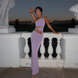 Slanted shoulder slit slim fit dress斜肩开叉修身镂空连衣裙女