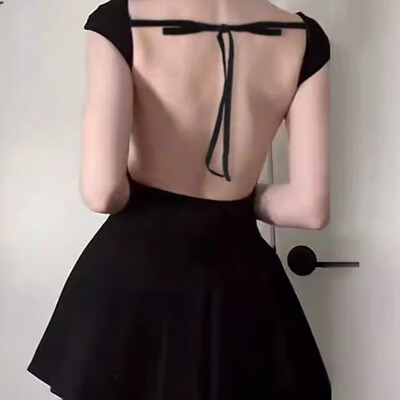 Solid color casual backless lace up dress 纯色露背系带连衣裙