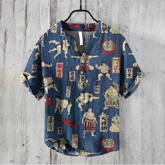 3D印花V领系扣套头短袖衬衫V-neck buton top short sleved shirt