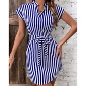 sleeve 蝙蝠袖 striped Bat dress lace casual 条纹系带连衣裙