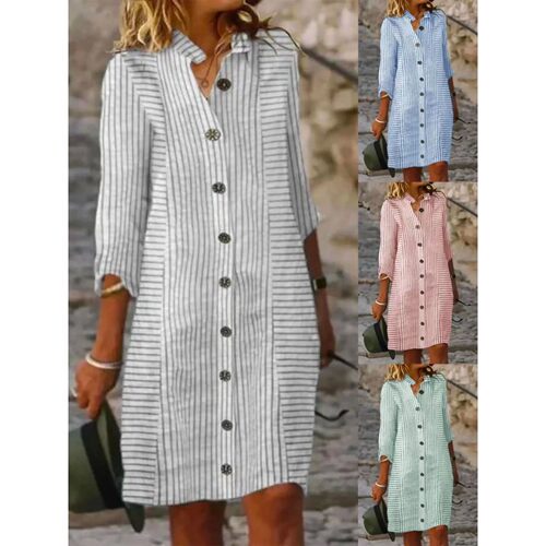 欧美条纹纽扣收腰衬衫连衣裙