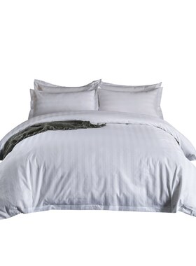 酒店布草四件套40n/60支全棉白色三公分缎条民宿床上用品