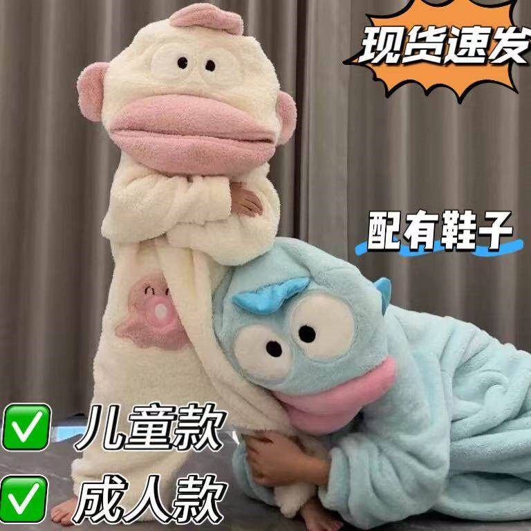 儿童丑鱼连身睡衣女款冬季珊瑚绒亲子睡衣情侣睡袍加厚加大码睡裙