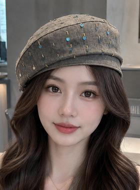 复古亮片贝雷帽女秋冬厚款透气显脸小画家帽时尚前进帽百搭八角帽