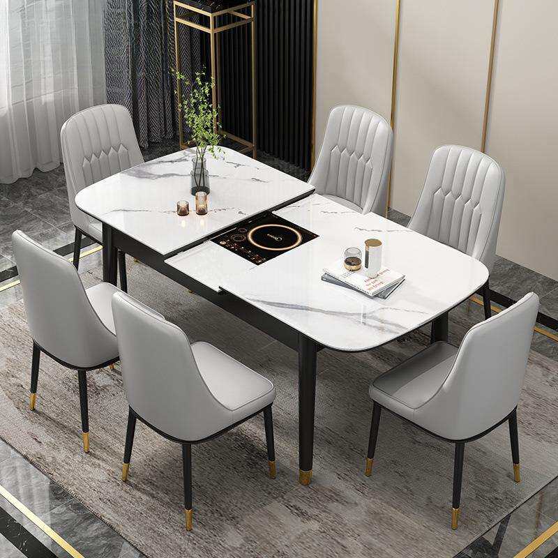 现代简约岩板餐桌椅组合带电磁炉多功能小户型长方形餐桌家用饭桌