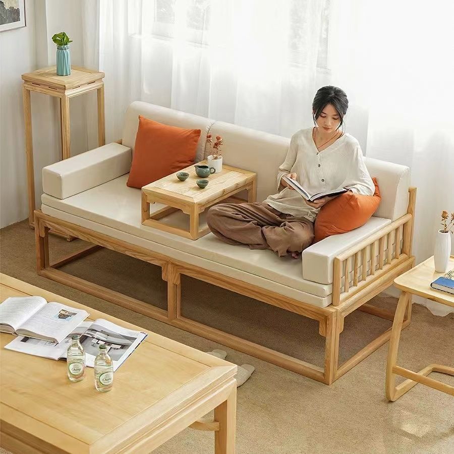 罗汉床实木推拉床沙发床原木色两用小户型客厅家用伸缩简易沙发图片