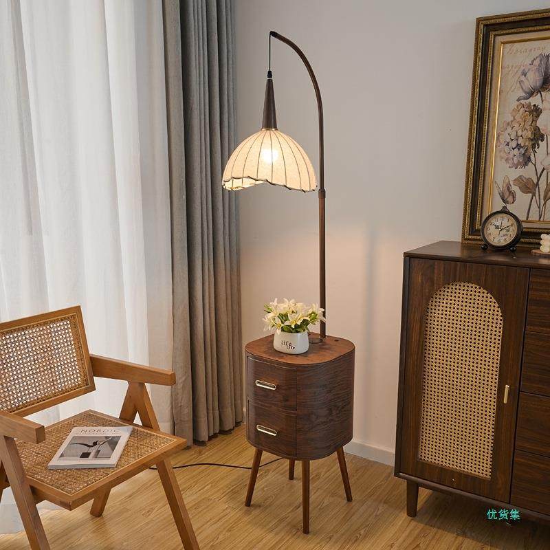 实木橡胶木智能床头柜抽屉落地灯美式茶几灯卧室一体高级落地灯