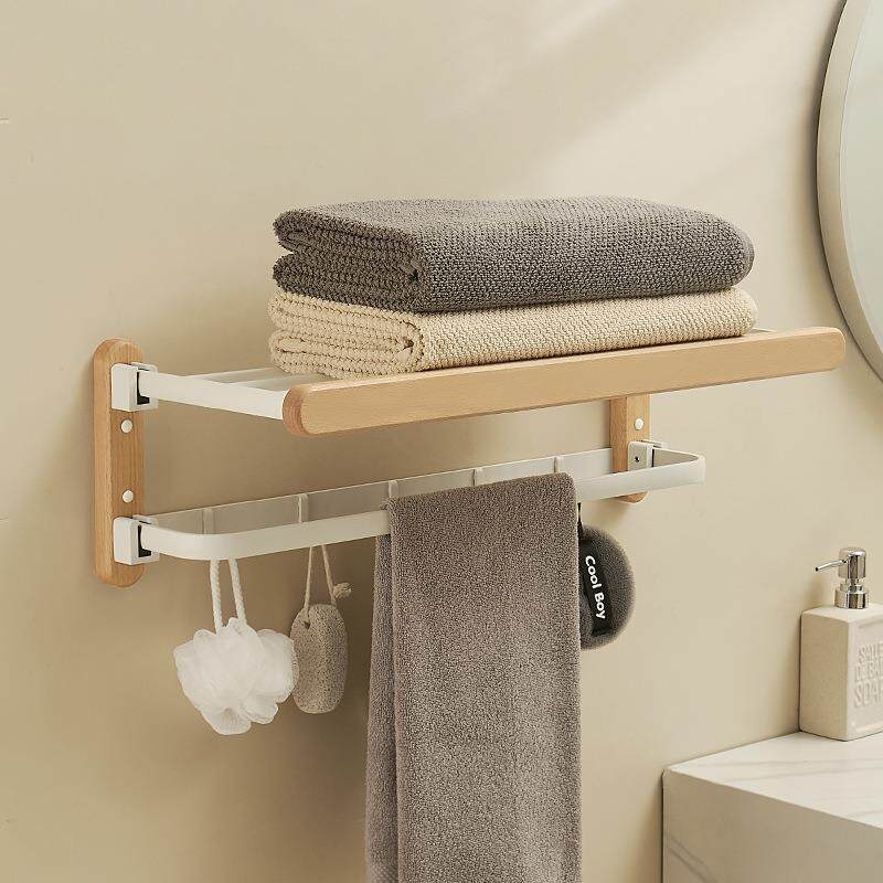 原木风日式实木浴室毛巾架套装免打孔卫生间折叠挂钩浴巾架置物架