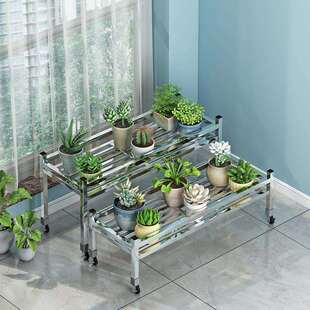 不锈钢花架带轮子加宽单层省空间家用阳台置物架户外可移动盆架子