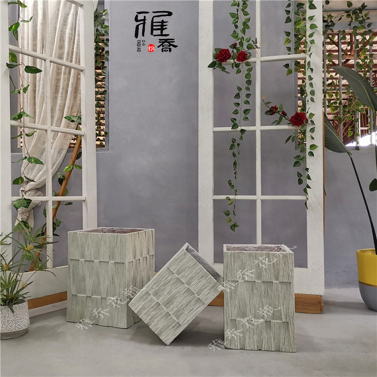 北欧特色风化木玻璃钢落地花盆室内外组合大堂家居办公室绿植摆设