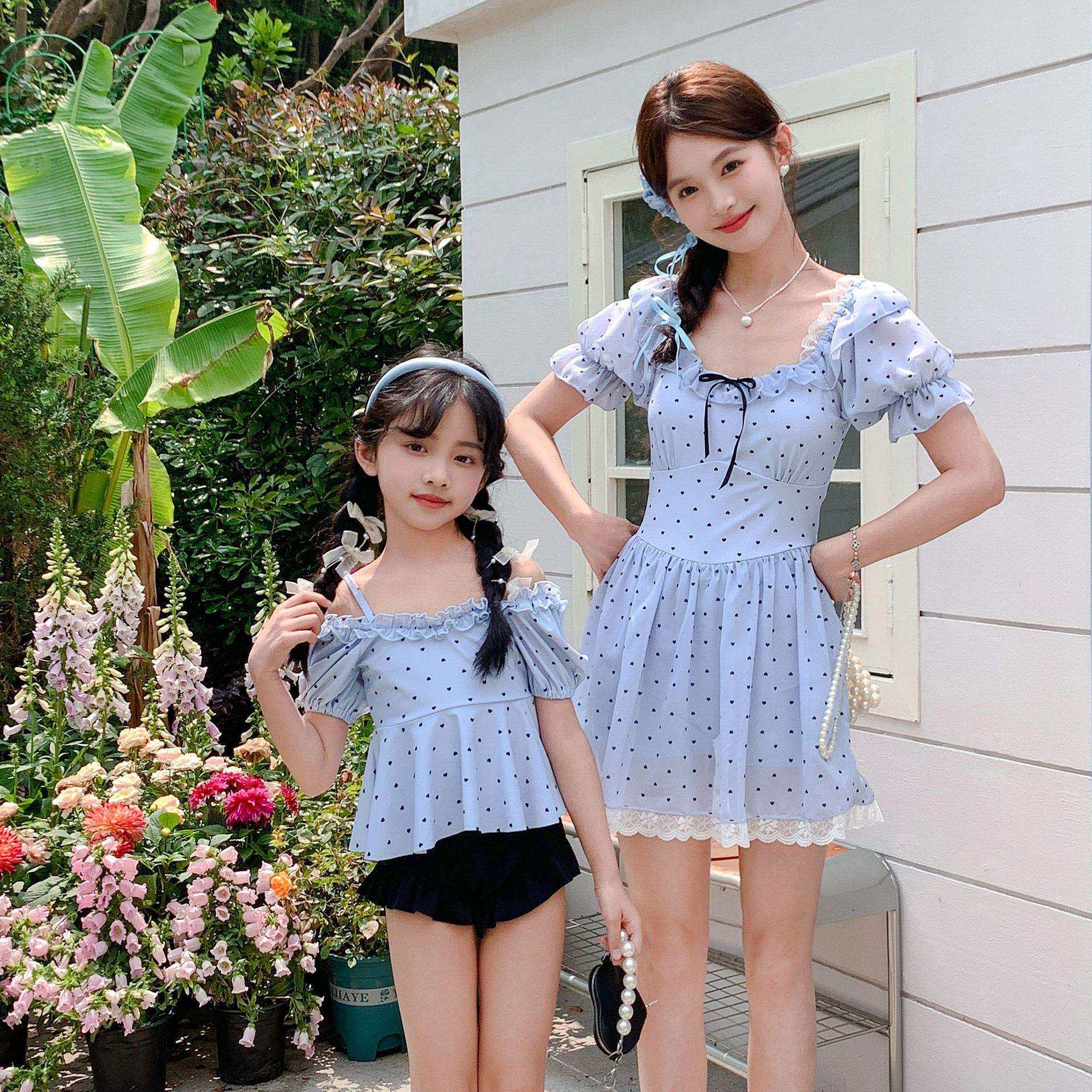 亲子泳衣甜美蝴蝶结泡泡袖女款泳衣可爱吊带分体两件套儿童泳装