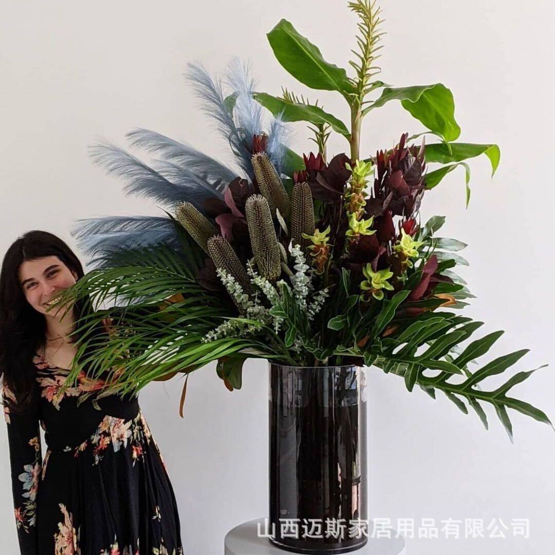 特大号玻璃花瓶透明直筒圆柱醒花筒60cm80厘米落地酒店大堂花器