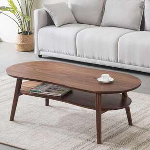 北美黑胡桃木实木双层茶几樱桃木小户型日简约椭圆花生形茶几