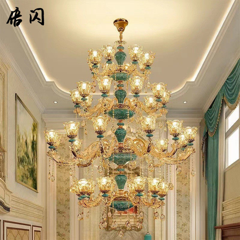 欧式吊灯奢华客厅灯现代简约大气家用法式蓝色陶瓷吊灯卧室水晶灯