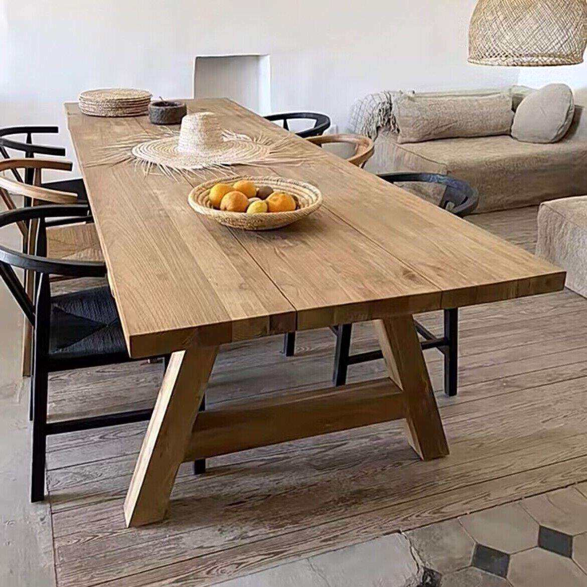 原木全实木长桌餐桌椅组合美式乡村家用复古茶桌别墅民宿大型木桌