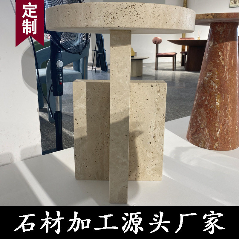 天然大理石米白色洞石圆形茶几别墅客厅边几床头置物柜台面样装饰图片