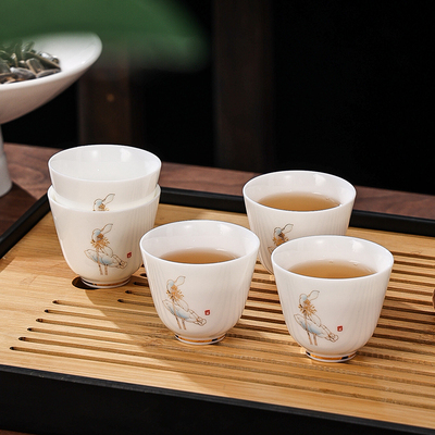 羊脂玉白瓷主人杯品茗杯功夫茶杯单杯子陶瓷家用待客6只装小茶杯