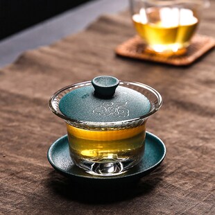 耐热玻璃茶杯盖碗家用陶瓷三才泡茶碗加厚带盖透明敬茶碗 会丰中式
