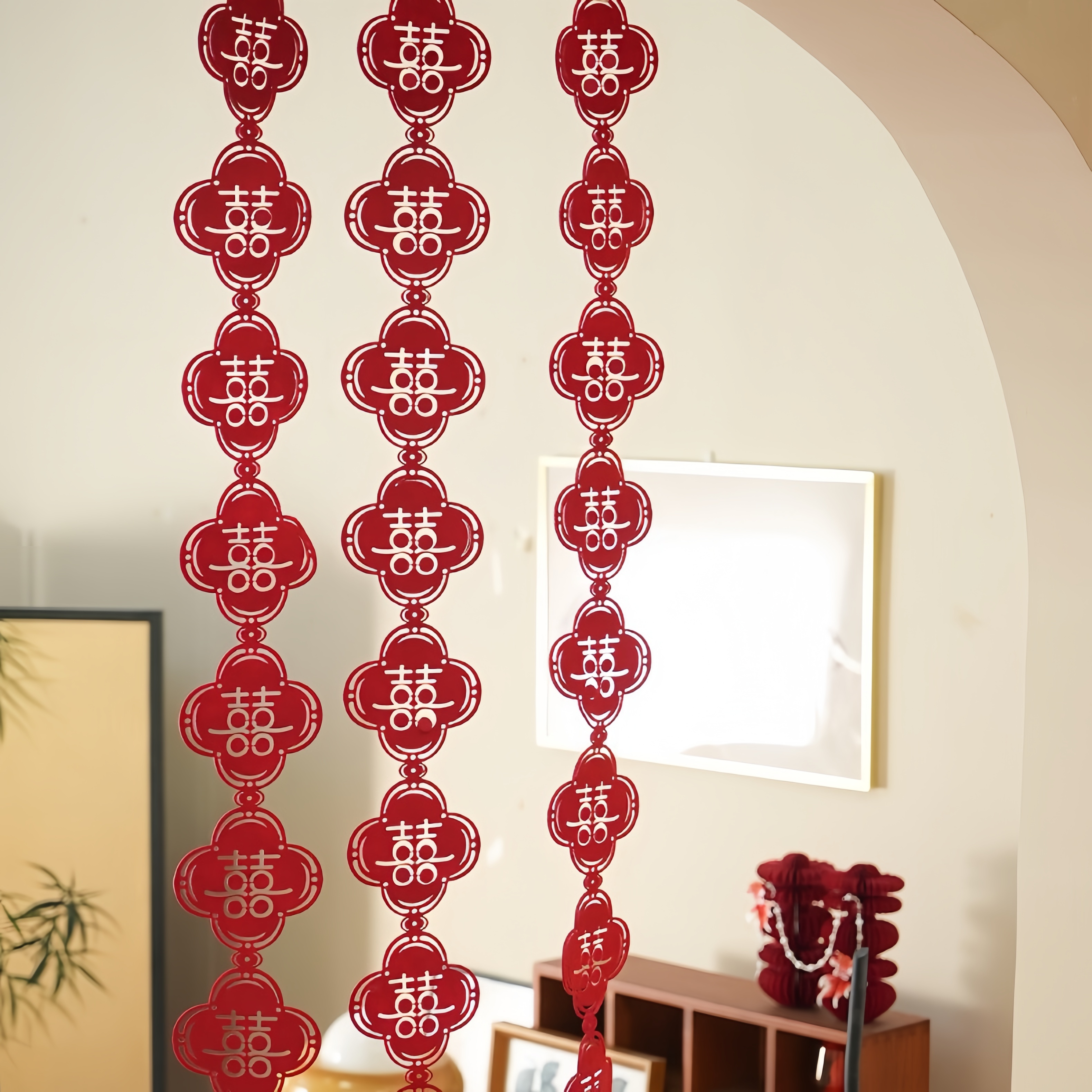 新中式花型长条喜字男女方卧室客厅拉花挂饰喜庆结婚装扮婚房布置