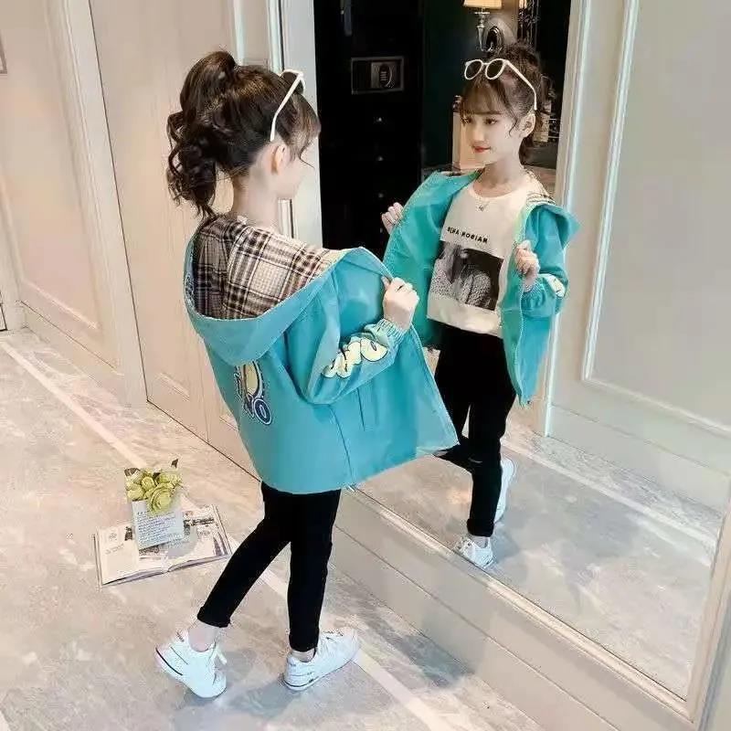 女童外套2021秋装新款韩版风衣儿童休闲连帽上衣中大童洋气外套潮