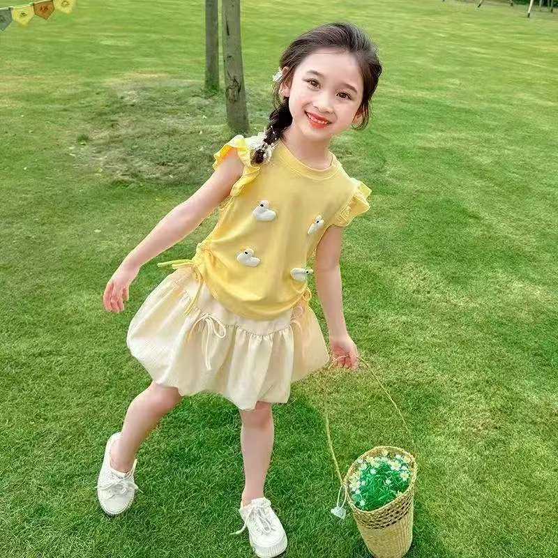 女童套装夏季2025新款洋气宝宝可爱夏装儿童上衣T恤花苞裙两件套
