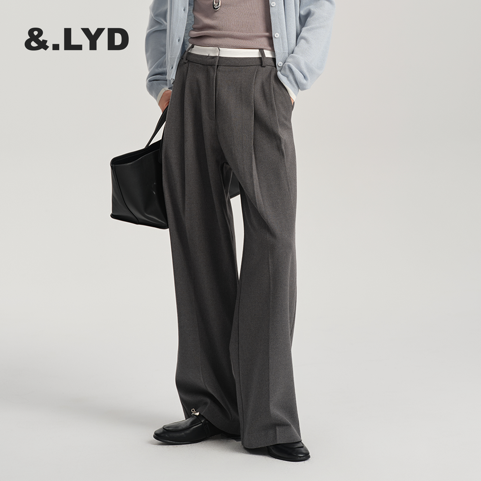 ANDLAYERED高腰双层腰头休闲宽松直筒长裤阔腿裤通勤灰色西装裤