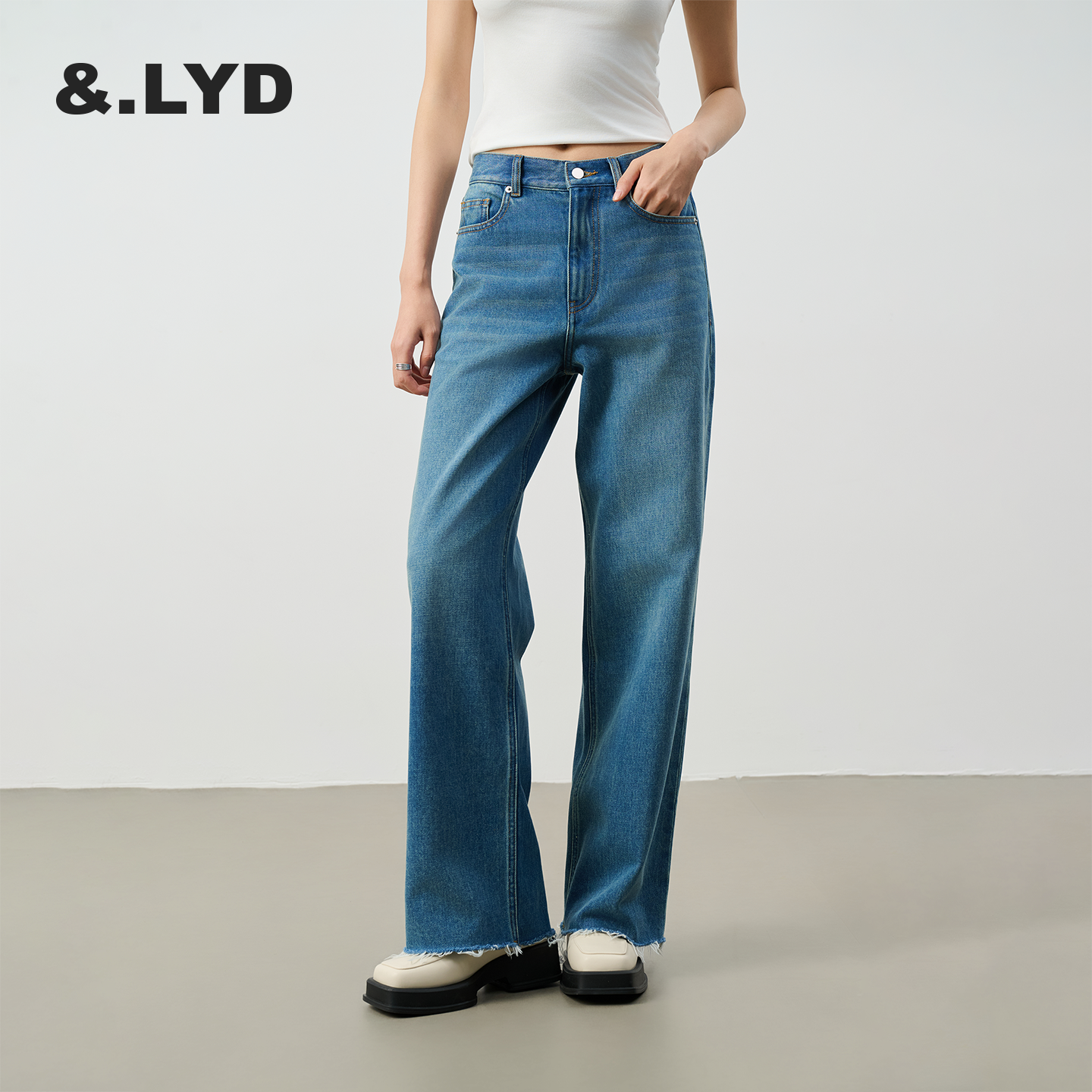 LYD高腰显瘦毛边牛仔裤简约宽松