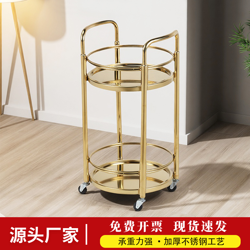 圆形双层酒水车可移动手推餐车