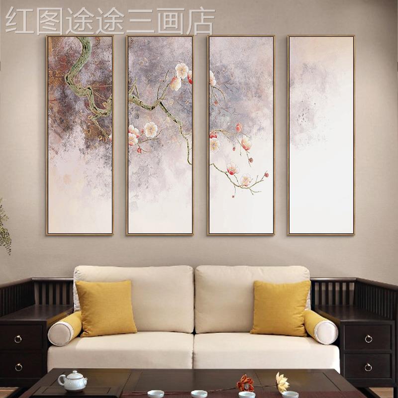 网红新版中景式厅沙发背树墙装饰画四客联竖樱花挂画酒店温馨日式图片