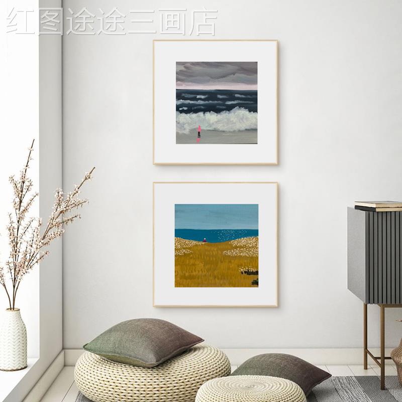 网红北欧艺术风日格治系愈插画落壁艺术正方形卧室装饰画厅客挂画图片