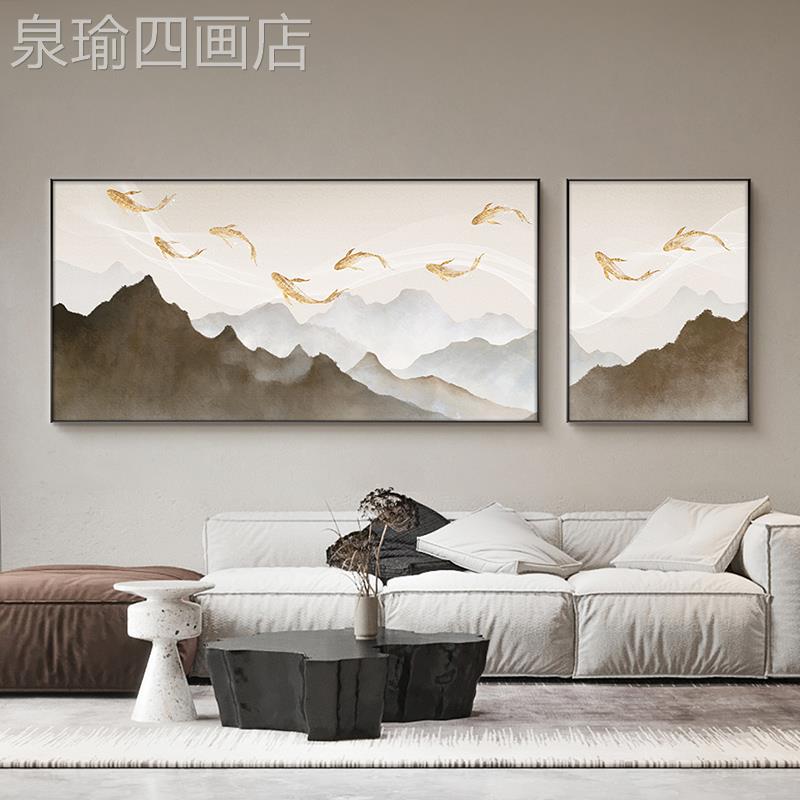 网红山画水横款蓝色现代简鱼约卧室床头画双联客厅装饰挂画新款图片