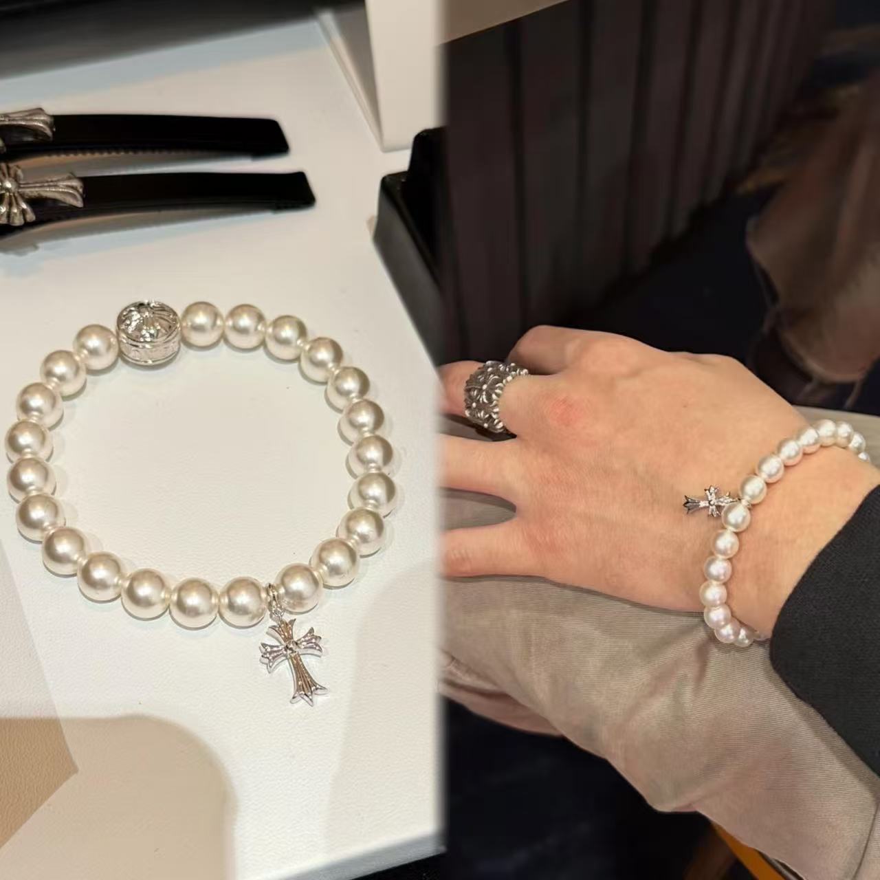 檀健次白金十字架珍珠情侣手串