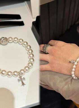 檀健次白金十字架珍珠情侣手串