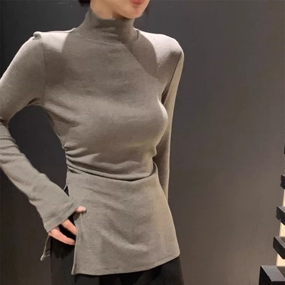 半高领打底衫T恤女秋冬新款内搭中长款遮屁股开叉修身收腰上衣潮