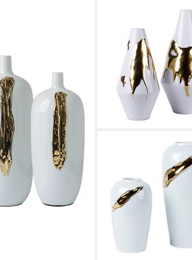 现代新中式陶瓷花瓶摆件样板房简约家居白色鎏金客厅W玄关软装饰