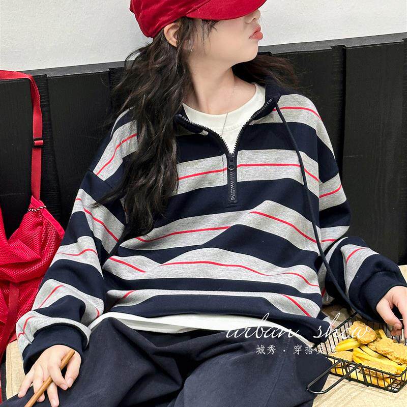 女童立领卫衣秋装2025新款儿童巨好看条纹上衣韩版女孩套头衫洋气