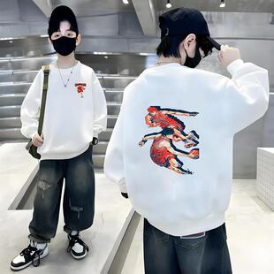 加绒男童卫衣2025新款秋冬薄绒儿童纯棉一体绒中大童白色长袖上衣