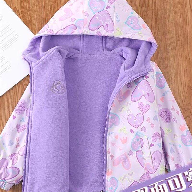 儿童双面穿外套春秋装2025新款女童摇粒绒连帽衫中大童印花抓绒衣