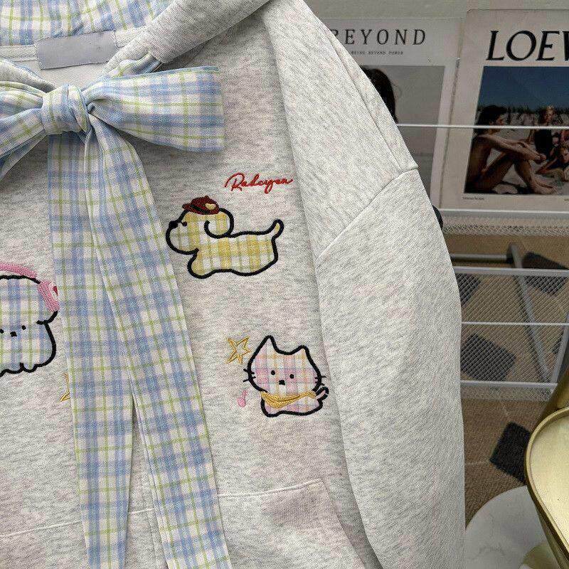 女童连帽外套2025秋季新款卡通刺绣小狗女孩格子拼接春秋开衫卫衣
