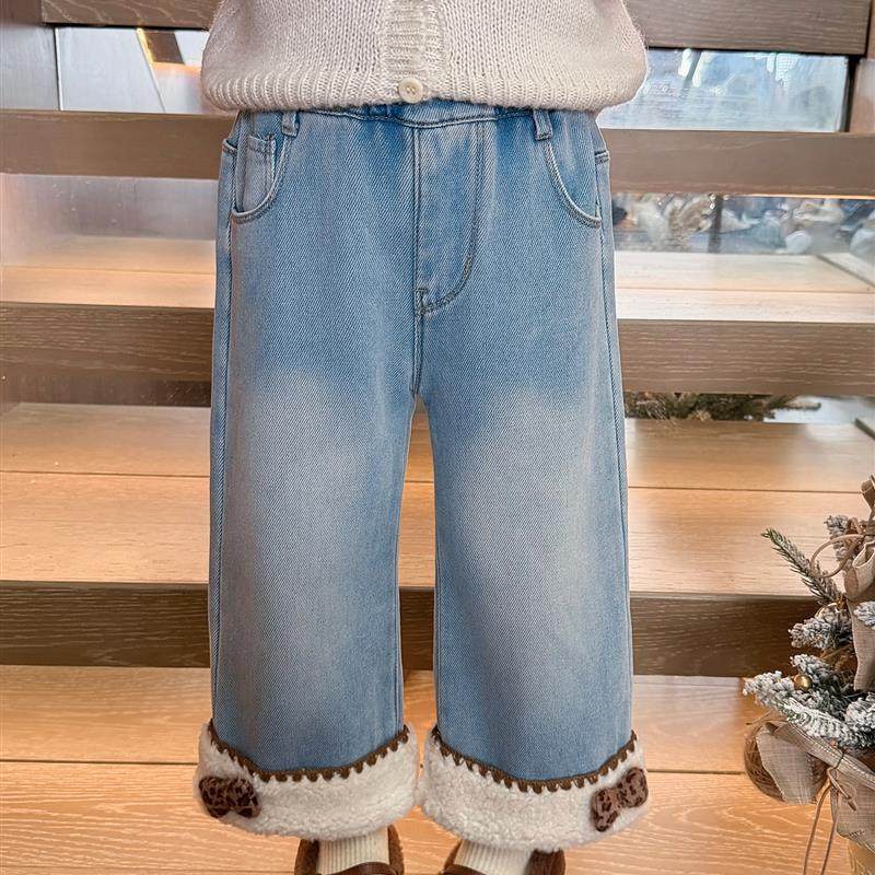 儿童牛仔裤加绒裤子2025秋冬装新款一体绒直筒裤女童冬季加厚长裤
