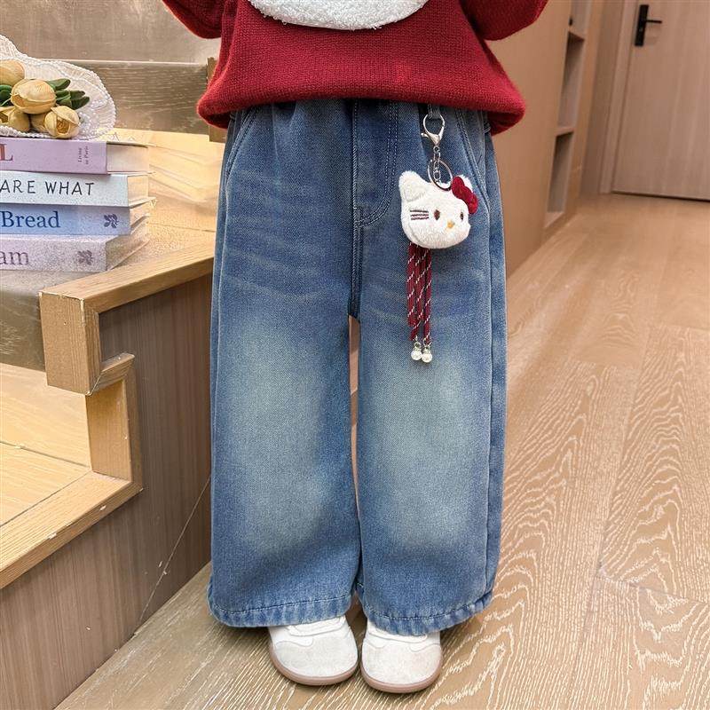女童加绒牛仔裤秋冬季儿童洋气加厚一体绒直筒裤女孩宝宝阔腿裤子