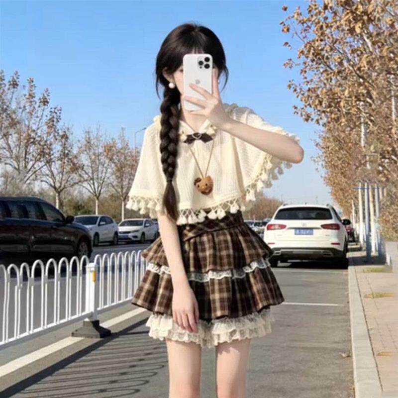 女童夏季套装2026新款洋气日系斗篷防晒披肩初中学生韩版jk半身裙