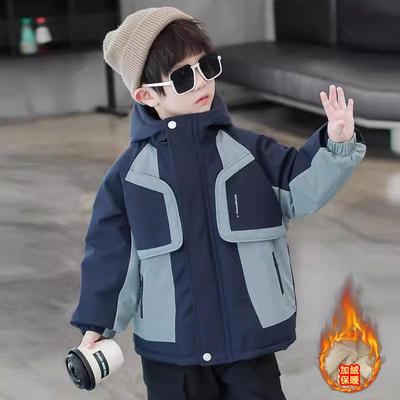 男童加绒外套秋冬款2025新款儿童加厚冲锋衣派克服宝宝冬季棉服潮