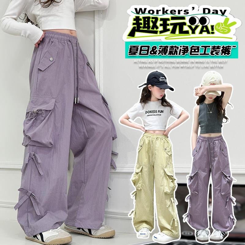 女童工装裤春夏2026新款蝴蝶结阔腿长裤女孩酷炸街百搭防蚊休闲裤