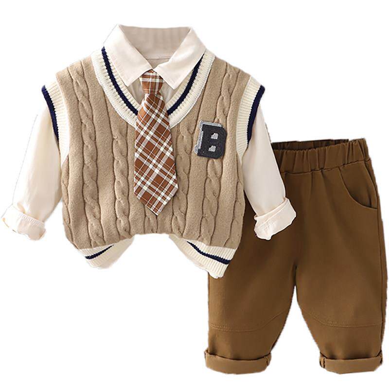 男童春装套装儿童秋冬洋气毛衣马甲三件套宝宝加绒潮绅士2025新款