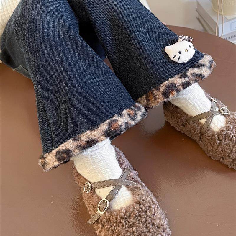 女童洋气秋冬季加绒微喇叭牛仔裤女宝宝2025新款加厚裤子冬装保暖