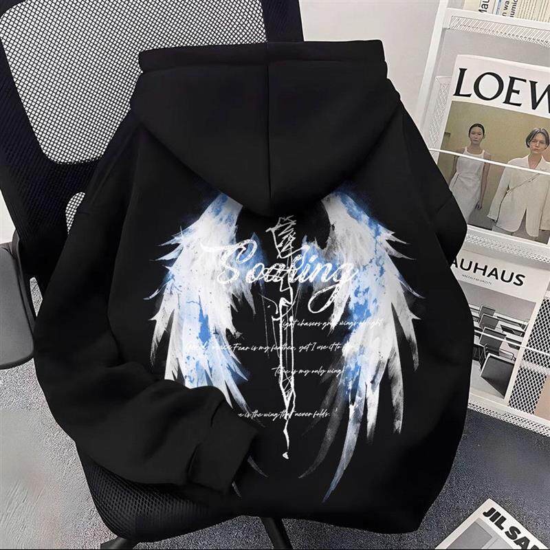 重磅美式中大童翅膀印花连帽卫衣男女童秋冬加绒加厚宽松上衣外套