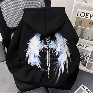 重磅美式中大童翅膀印花连帽卫衣男女童秋冬加绒加厚宽松上衣外套