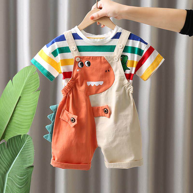 婴儿夏装宝宝短袖套装洋气可爱男童夏季背带裤两件套小童恐龙衣服