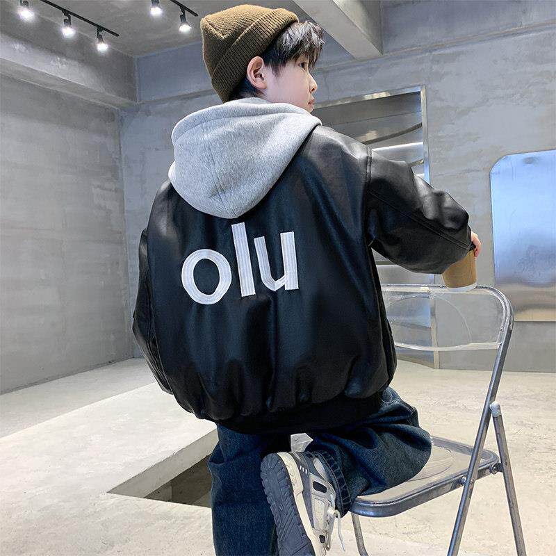 男童皮衣加绒加厚冬季保暖2025新款男孩黑色连帽外套大儿童痞帅潮